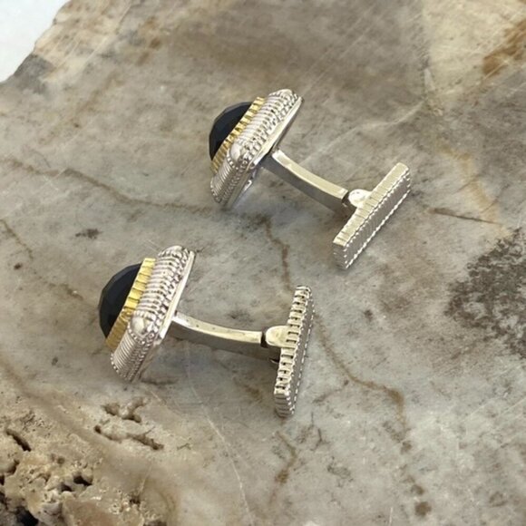 Judith Ripka Sterling Silver 925 18K Yellow Gold Faceted Black Onyx Cuff Links - Picture 9 of 16